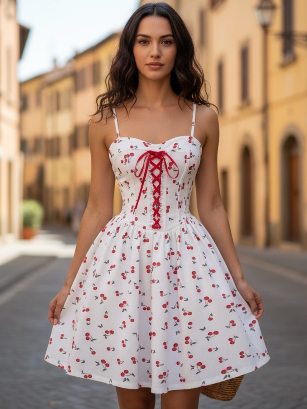 NWT Size Large Lace Up Cherry Print 50's Retro Vibe Style Dress